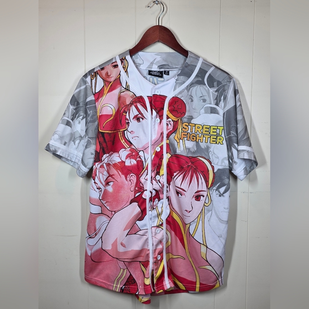 Street Fighter Chun-Li Graphic Button-Up Jersey - Red & Gray